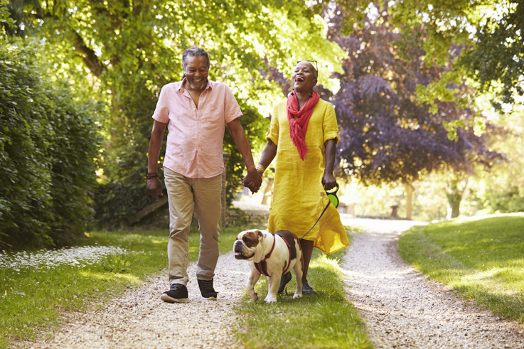 A couple and their dog walking down a path through a garden.